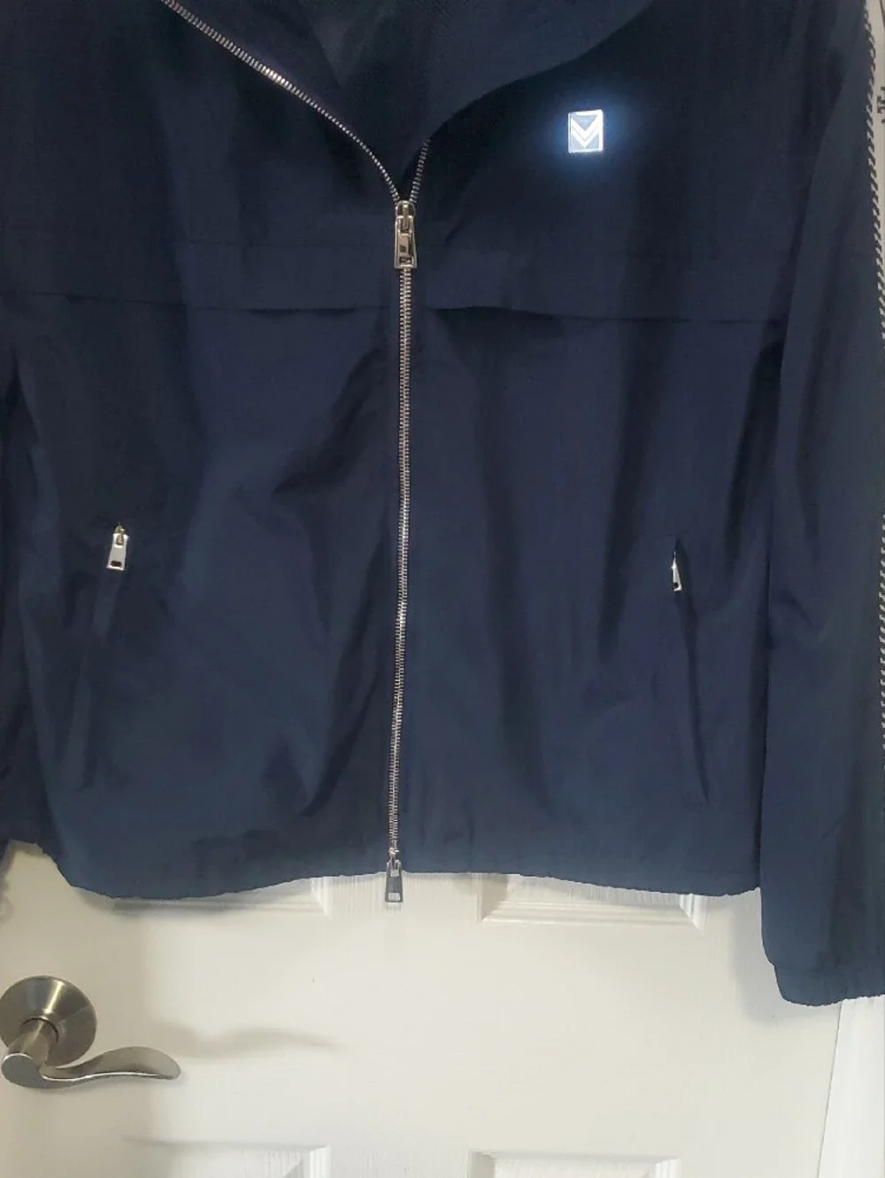 Tory Burch Navy Nylon Hooded Jacket with White Logo-Pattern Sleeve Tape